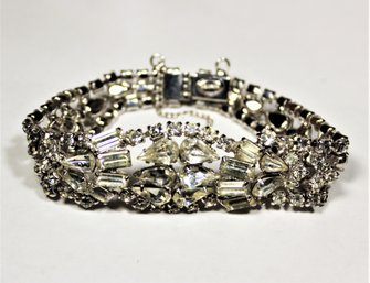 Signed KRAMER Rhodium Plated White Rhinestone Bracelet 7' Long