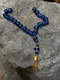 Gorgeous Antique Blue Swirl Glass Beaded Drop Necklace