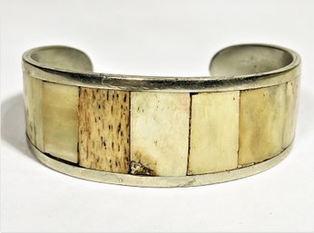 Silver Plated And Inlaid Bone Cuff Bracelet