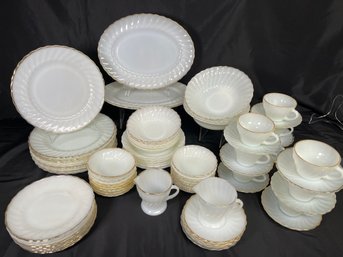 74 Pc Anchor Hocking 'Suburbia' Shell Milk White Pattern 1960s Dish Set Made In USA- RARE Pieces