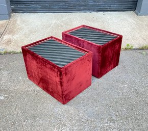 Amazing Pair Of 1970s Velvet And Mirror Top End Tables