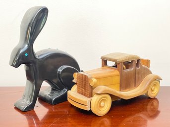 A Vintage Ceramic Bunny, Signed D Epstein, And Vintage Carved Wood Car Model