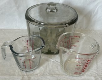 Vintage PYREX Measuring Cups And Early Lidded Sanitary Cheese Preserver