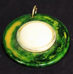 Vintage Green Marbleized Bakelite Plastic Medallion Pendant 2 1/4' Wide