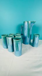 Dryden Studio Art Pottery Drip Blue Green Glaze Tumbler Cups And Pitcher