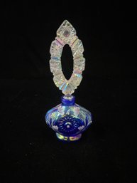 Fenton Blue Iridescent Carnival Hand Painted Perfume Bottle With Stopper