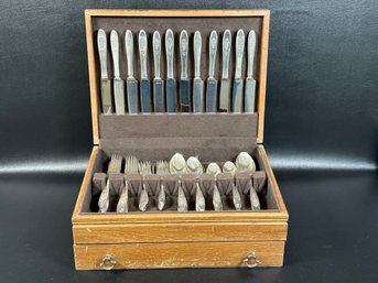 Another Set Of Vintage Silverplate Flatware In A Wooden Storage Chest