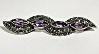 Fine Large Sterling Silver Marcasite And Amethyst Brooch`