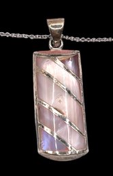 Vintage Italian Sterling Silver Pink Mother Of Pearl Inlay Pendant On Chain