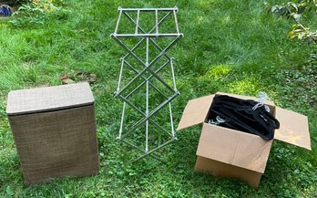 Laundry Lot Including A Clothes Drying Rack, Hamper And A Box Of Hangers