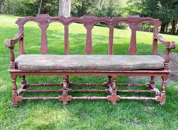 A Pennsylvania Hand Carved Antique Painted Wood Hall Settle Bench With Tapestry Cushion