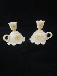 Fenton Satin Custard Bell Style Candlestick With Hand Painted Daisies