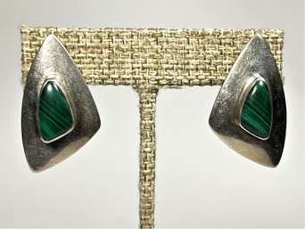 Pair Signed Keevin Hesuse Sterling Silver Malachite Pierced Earrings`