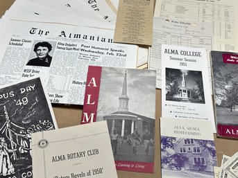 Alma College, Michigan 1950's Ephemera Lot - The Almanian; Catalog; Ads; Receipts.