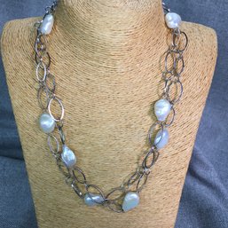 Very Nice Vintage Sterling Silver Necklace With Natural Formed Pearls - EXTRA LONG - Measures 44' Long