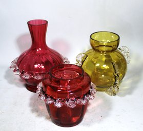 Lot Three Pieces Victorian Art Glass, Amber And Cranberry