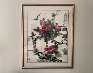 Large Asian Brushstroke Floral Watercolor, Custom Framed & Matted