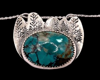 Vintage Italian Sterling Silver Etched Turquoise Color Pendant On Chain