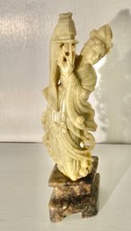 Antique Guan Yin Green Soapstone On Wooden Base