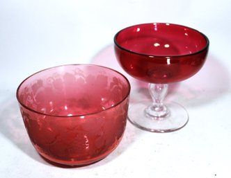 Antique Cranberry Glass Victorian Footed Bowl And Fancy Etched Finger Bowl