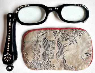 Vintage Folding Rhinestone Reading Glasses In Asian Style Silk Pouch