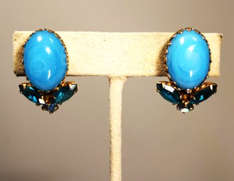 Vintage 1960s Opaque Light Blue Glass Earrings Rhinestones