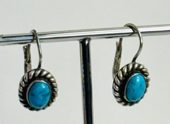 SIGNED FAS STERLING SILVER AND TURQUOISE LEVERBACK EARRINGS