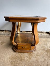 Mid Century Glass Top Wood Side Table