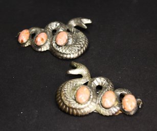 Nickel Plated Brass Figural Snake Dress Clips Having Peach Colored Stones