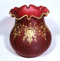 Victorian Hand Blown Cranberry Glass Vase Having Paste Enamel Gilt Decoration