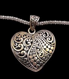 Vintage Sterling Silver Ornate Heart Pendant On Thick Italian Chain