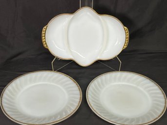 Vintage Fire King Milk Glass 3pc Lot - Partitioned Relish Tray & Two Plates