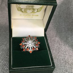 Brand New Sterling Silver / 925 With White Topaz & Tangerine Tourmaline Sunburst Ring - Very Pretty Ring