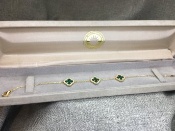 Very Pretty Van Cleef Style / Alhambra Style Sterling With 14K Gold Overlay Bracelet With Malachite WOW !