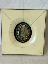 Antique Hand Painted Miniature Portrait With Celluloid Frame And Inset Turquoise Seed Beads