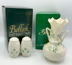 Belleek Shamrock Salt & Pepper & Vase  ~ All With Boxes ~ (C)