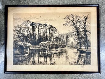 Antique Etching, Pencil Signed Fred Slocombe, Waterscape With Swans