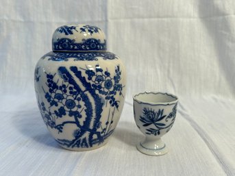 Vintage Blue & White Porcelain Ginger Jar With Lid And Egg Cup