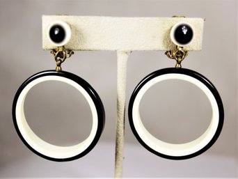 Vintage 1960s Black And White Plastic Dangling Hoop Earrings