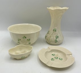 Belleek Vase, Bowl, Trinket Bowl & Ashtray (C)