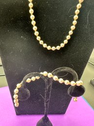 14K  Yellow Gold Necklace  & Bracelet With Freshwater Cultured Pearls