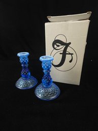 Fenton Blue Opalescent Glass Pair Candlesticks Candle Holders