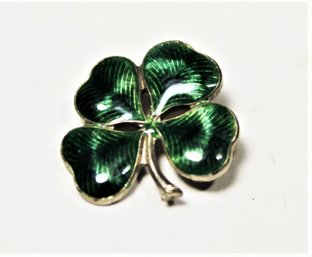 Antique Enamel On Sterling Silver Four Leaf Clover Pin