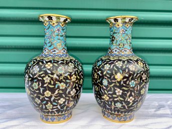 Pair Antique Chinese Cloisonne On Brass Vases