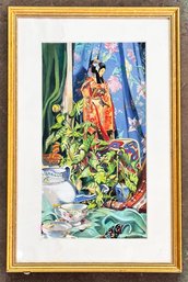 An Original Watercolor, Woman In Vibrant Kimono, Erin Lestor, 1991