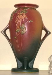 STUNNING Circa 1940 ROSEVILLE PINK COLUMBINE 12' Tall Double-handled Vase