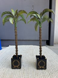 Pair Of Large Italian Tole Palm Trees With Laurel Crests