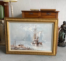 VTG X-large Framed Oil On Canvas Billy Wilder Sailing Ship Seascape