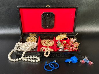 A Faux Alligator Jewelry Box Full Of Costume Jewelry