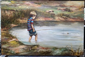 Oil On Canvas Of Boy Fishing Signed J. March